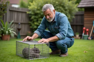Homme inspectant une grande cage à chat dans le jardin