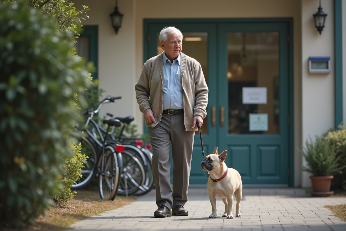 Homme avec chien devant une clinique vétérinaire en extérieur