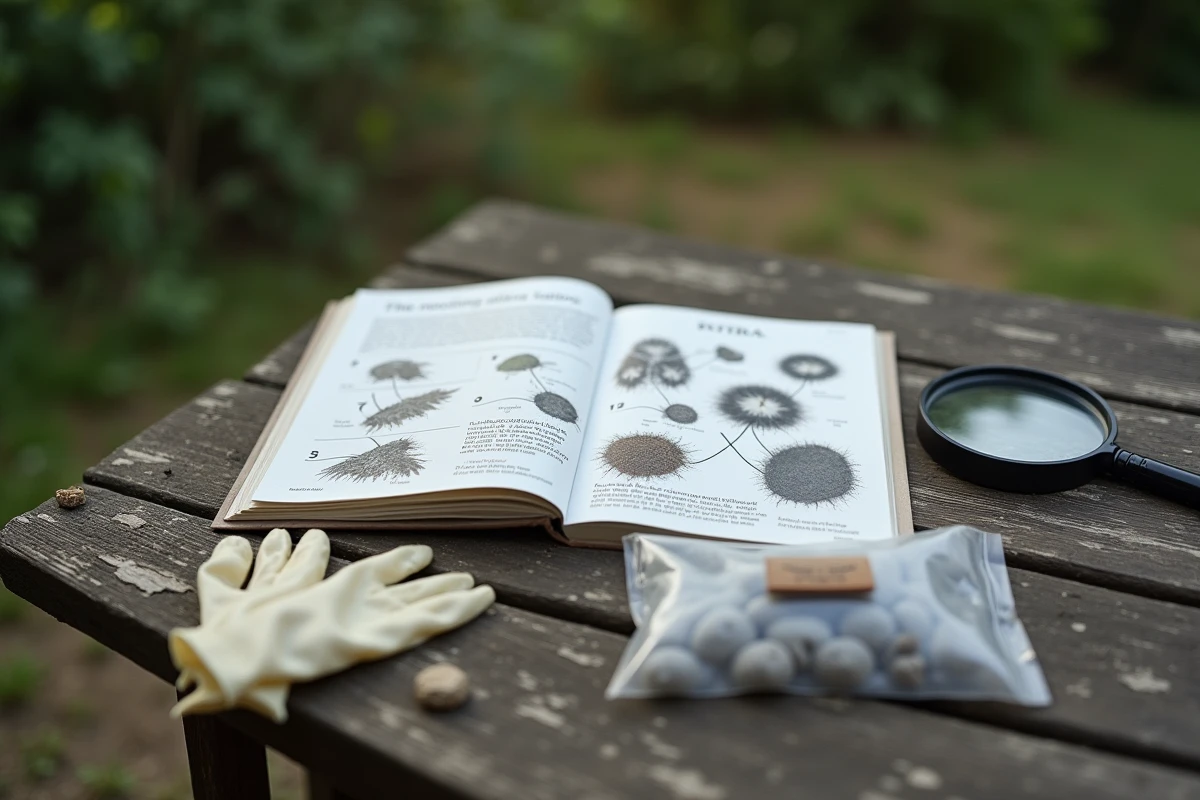 Matériel d'identification de crottes d'animaux nocturnes posé sur une table de jardin, avec guide de terrain et gants de protection