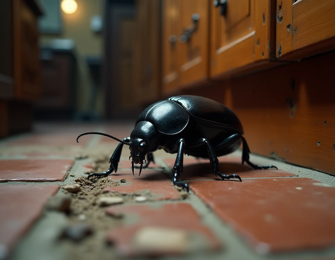 Grand insecte noir rampant sur le carrelage d'une cuisine ancienne, photographie documentaire réaliste en intérieur