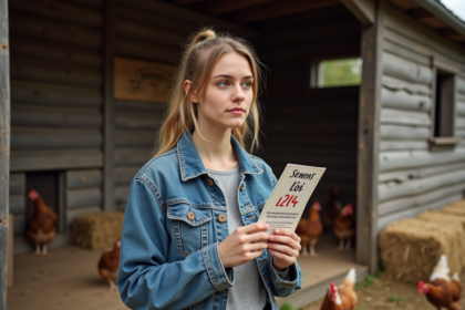 Jeune femme activiste avec leaflet devant ferme rurale