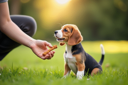 Jeune chiot beagle assis sur la pelouse en extérieur