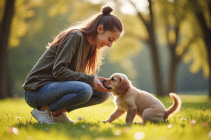 Jeune femme heureuse caressant son chiot dans un parc ensoleille