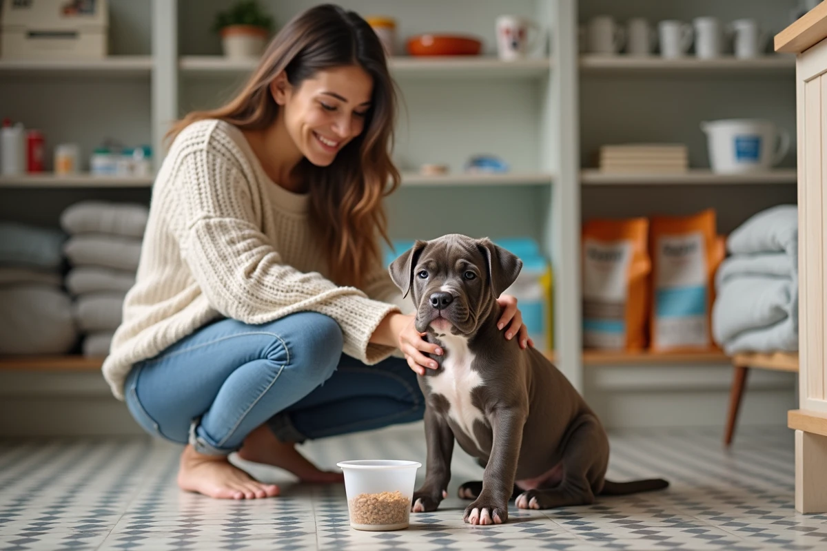Jeune femme caressant un chiot Am Bully XXL en cuisine