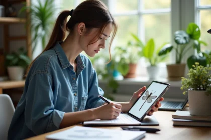 Jeune femme en denim dessinant un libellule sur tablette