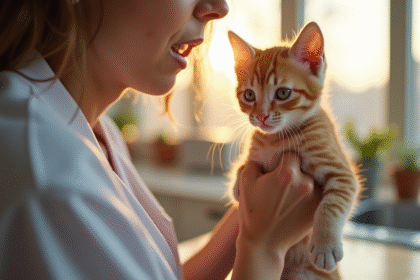 Jeune femme soucieuse tenant un chaton ginger dans la cuisine