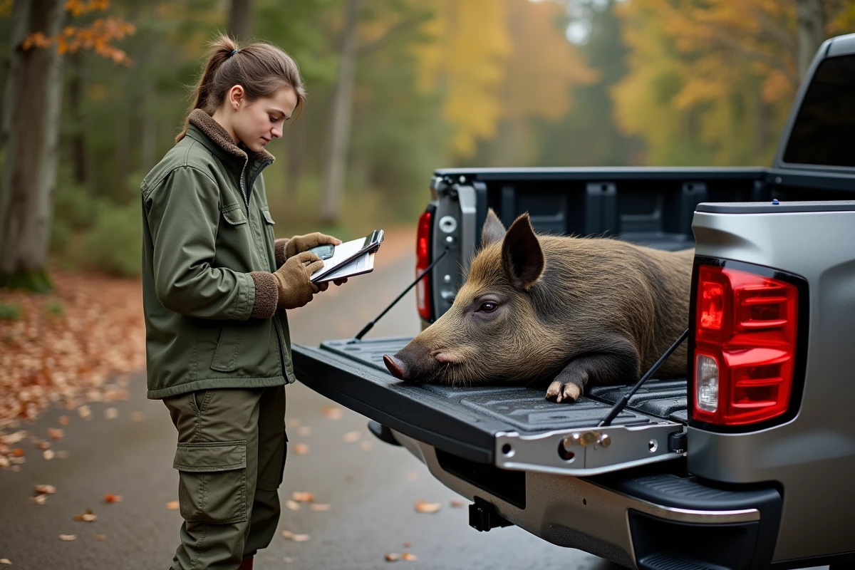 Jeune garde-chasse enregistrant le poids d’un sanglier