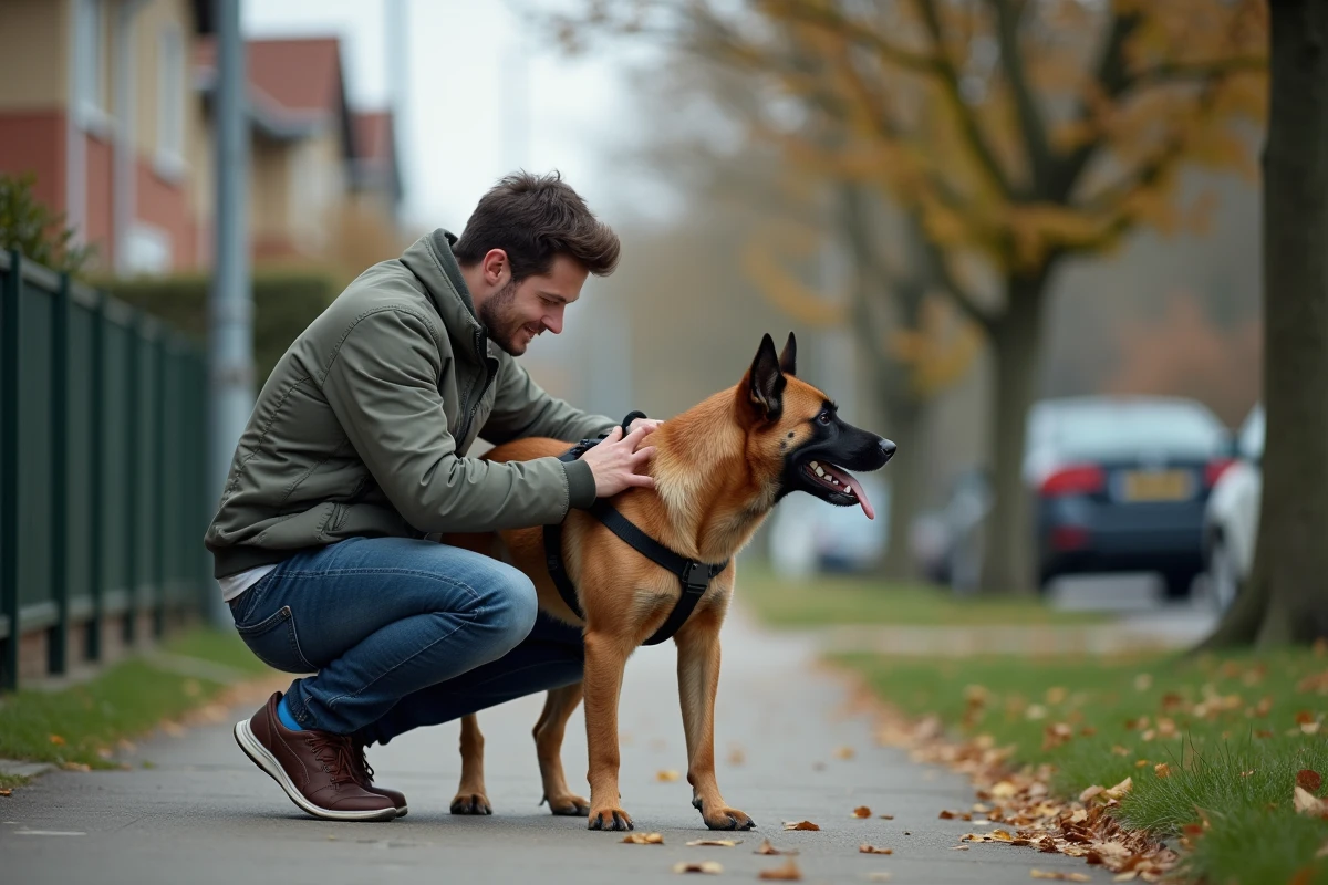 Jeune homme attachant un harnais à son chien dans la rue