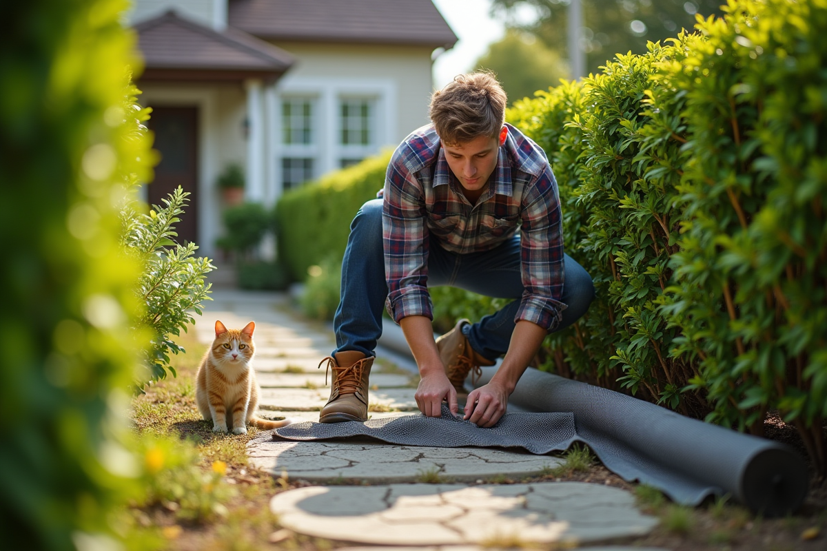 Jeune homme en chemise à carreaux posant une barrière de jardin