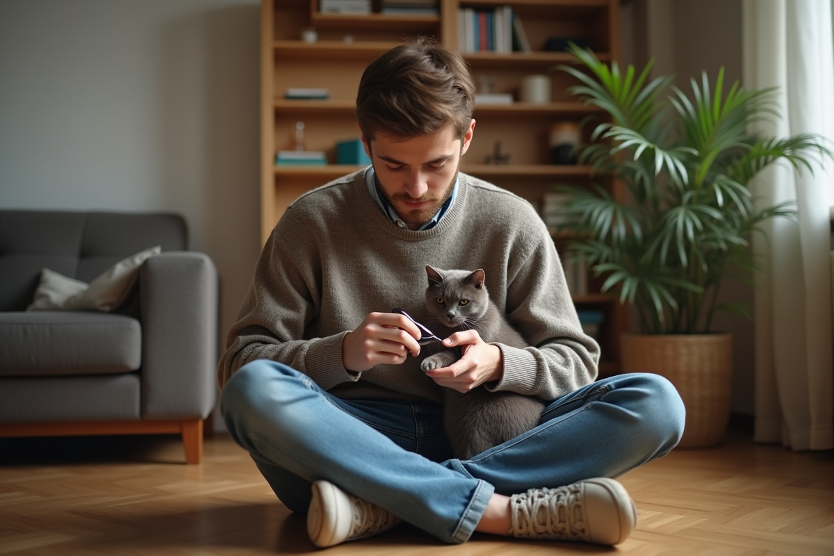 Jeune homme avec son chat dans un salon cosy