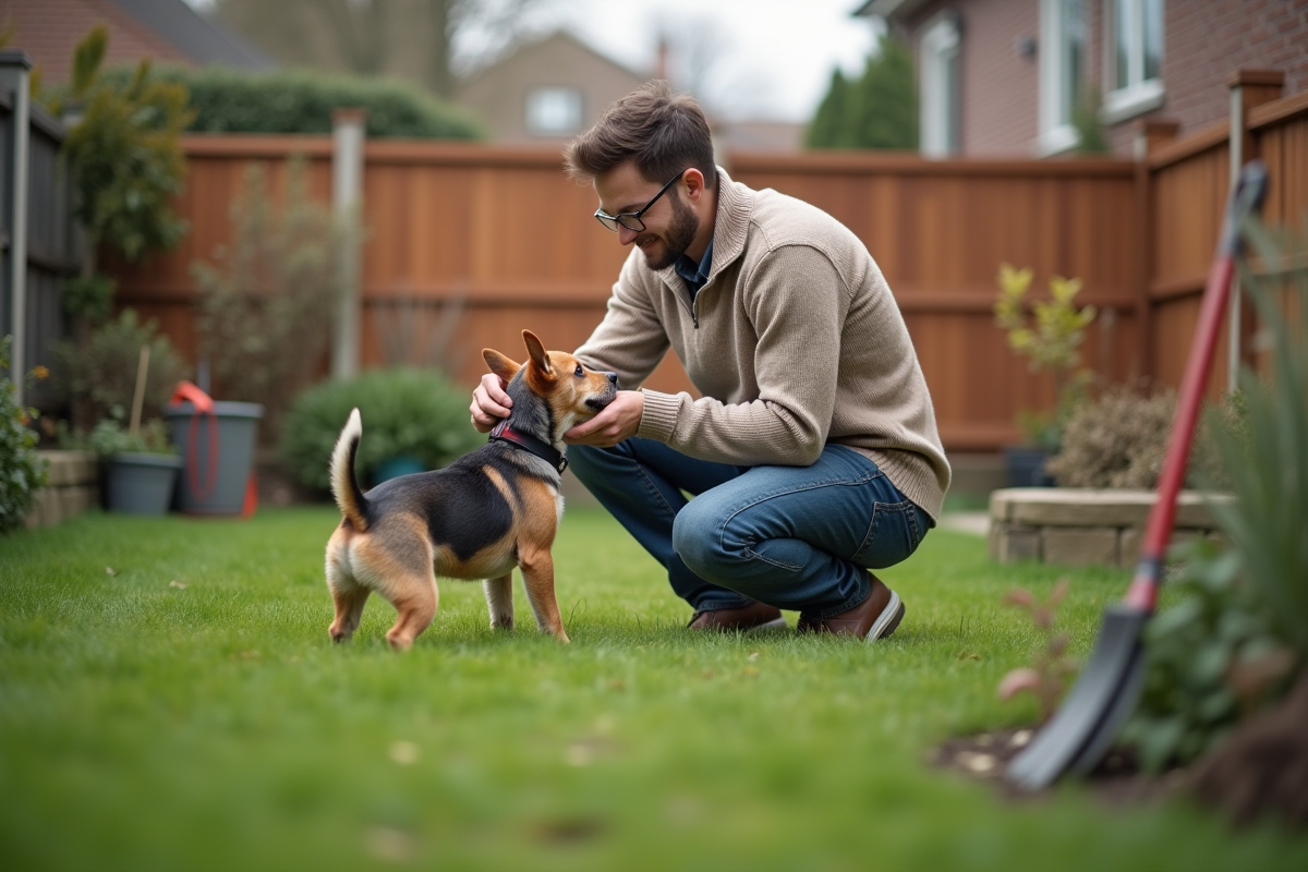 Jeune homme met un collier à un terrier dans le jardin