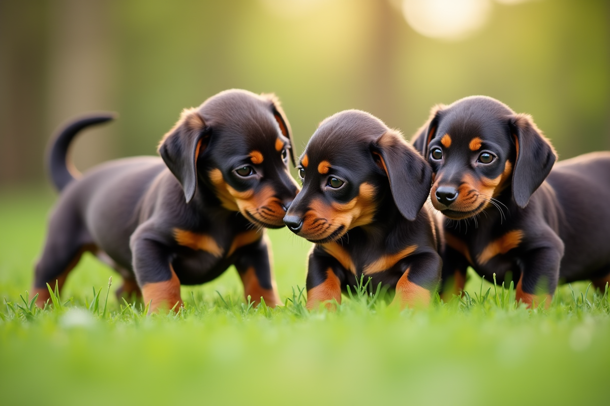 Plusieurs chiots dachshund jouent dans l