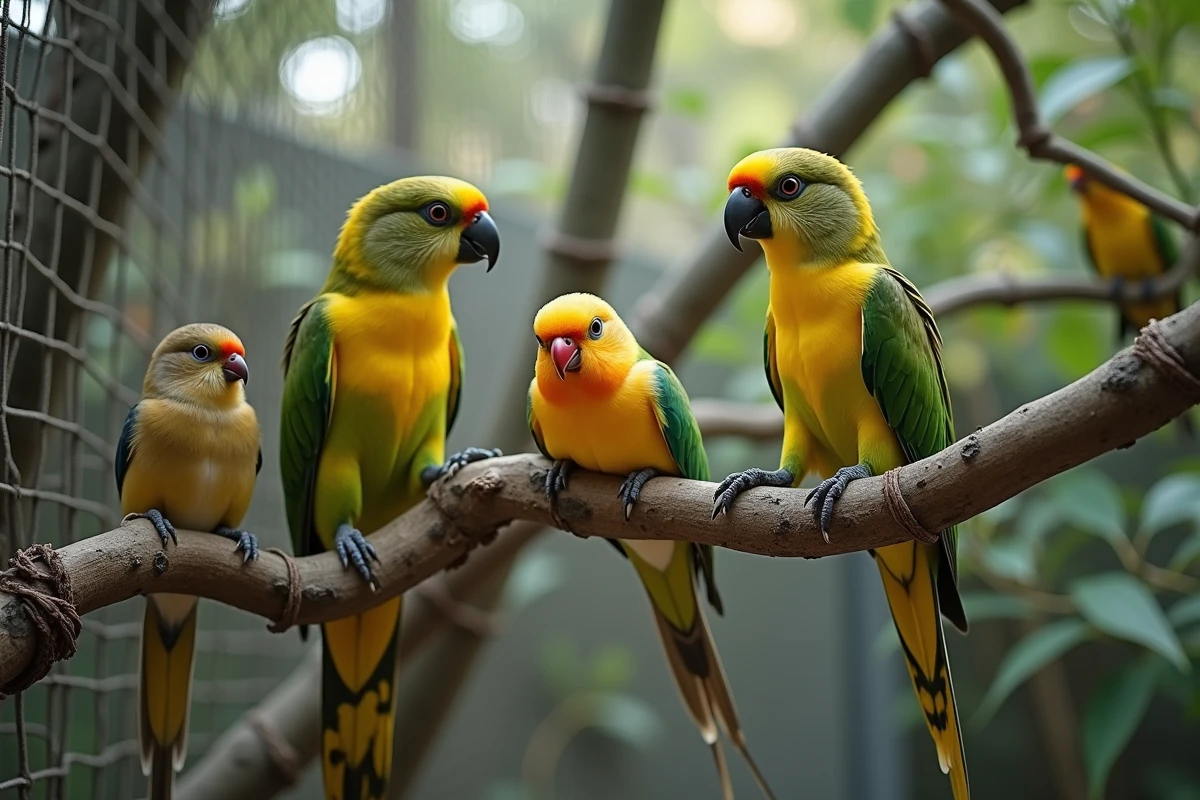 Deux kakarikis partageant une branche dans un enclos extérieur