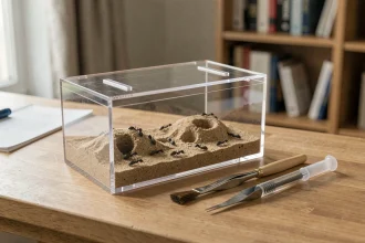 Kit fourmilière creusable pour débutant posé sur un bureau en bois avec fourmis noires actives et outils d'installation