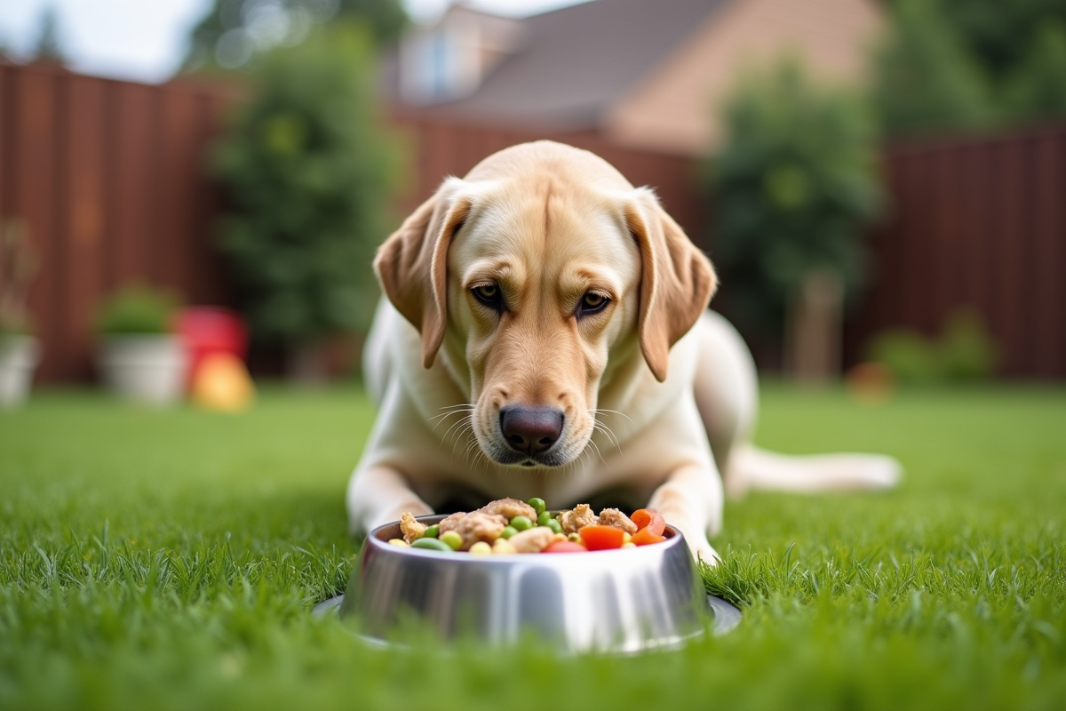 Labrador mangeant dans un jardin verdoyant