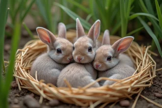 Jeune lapins dans un nid naturel en paille