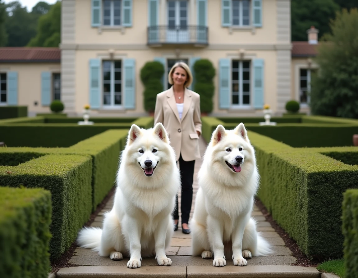Deux Samoyeds majestueux devant le manoir élégant du Royaume d'Aria entouré d'un jardin à la française