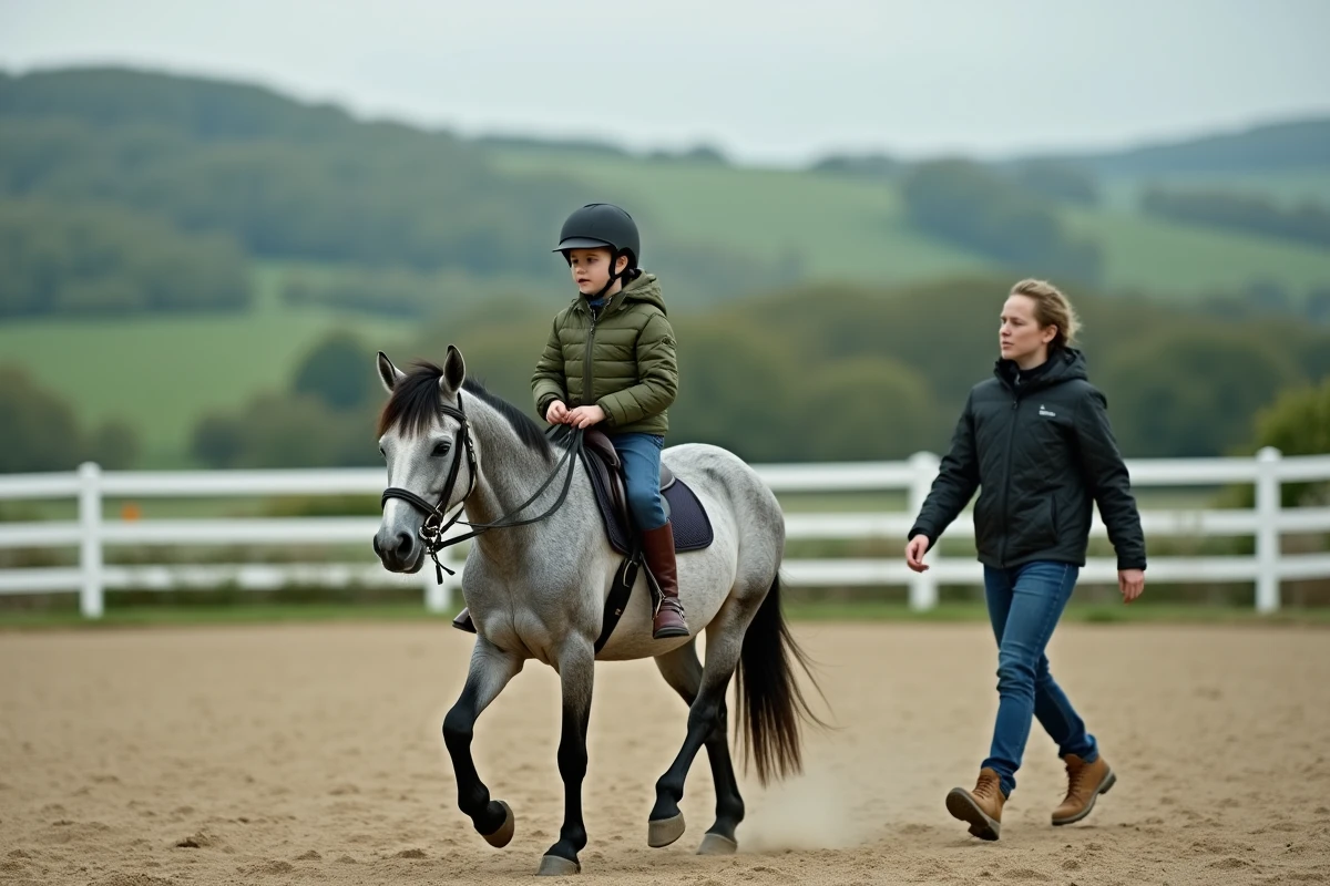 Enfant à cheval sur un poney gris lors d'une leçon d'équitation encadrée par un moniteur dans un manège extérieur