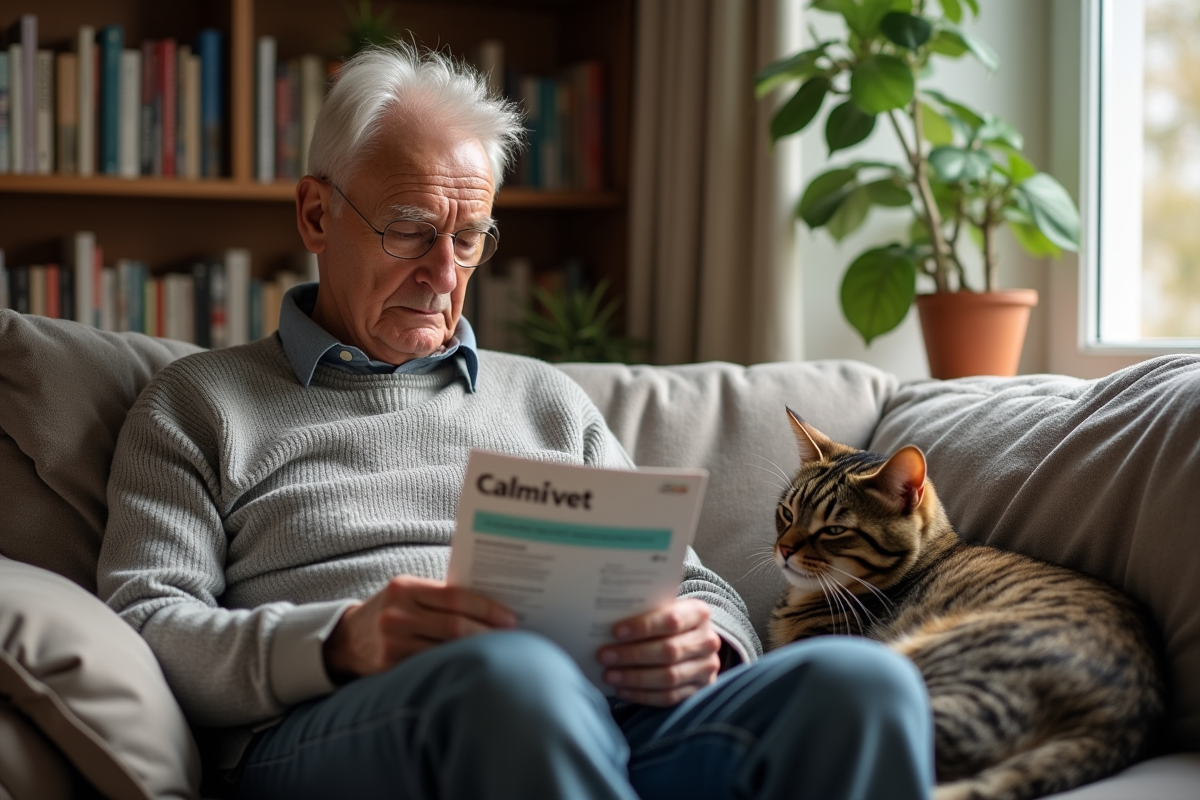 Homme âgé lisant une notice avec son chat sur les genoux