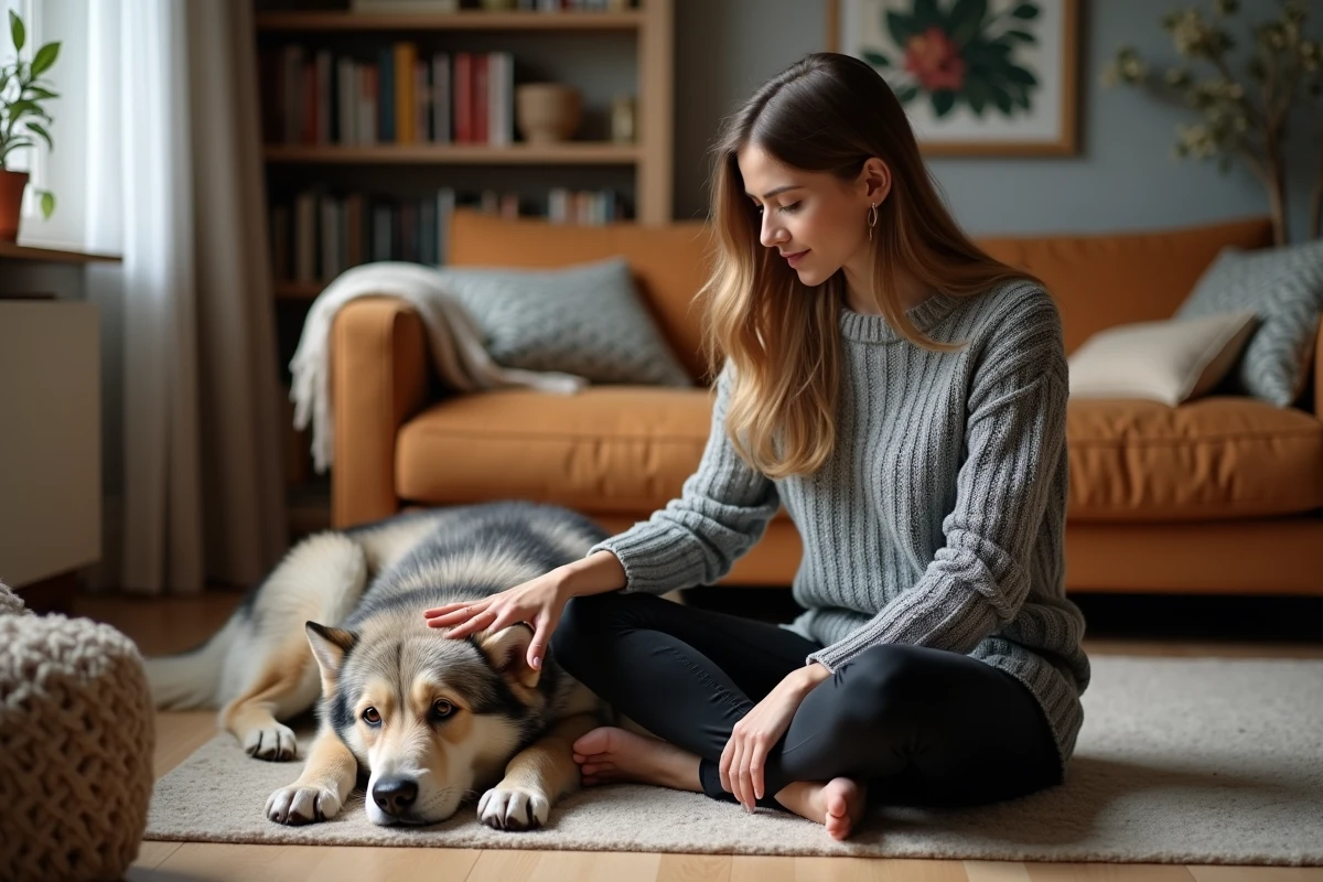 Jeune femme en intérieur créant un lien de confiance avec son chien Eurasier couché sur le parquet