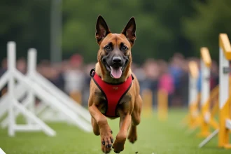 Malinois croisé Staffordshire Bull Terrier en plein effort sur un parcours d'agility, portant un harnais rouge sport