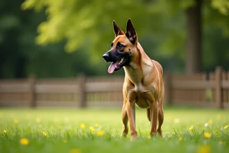 Malinois lab croisé debout dans un parc verdoyant, vue large corps entier