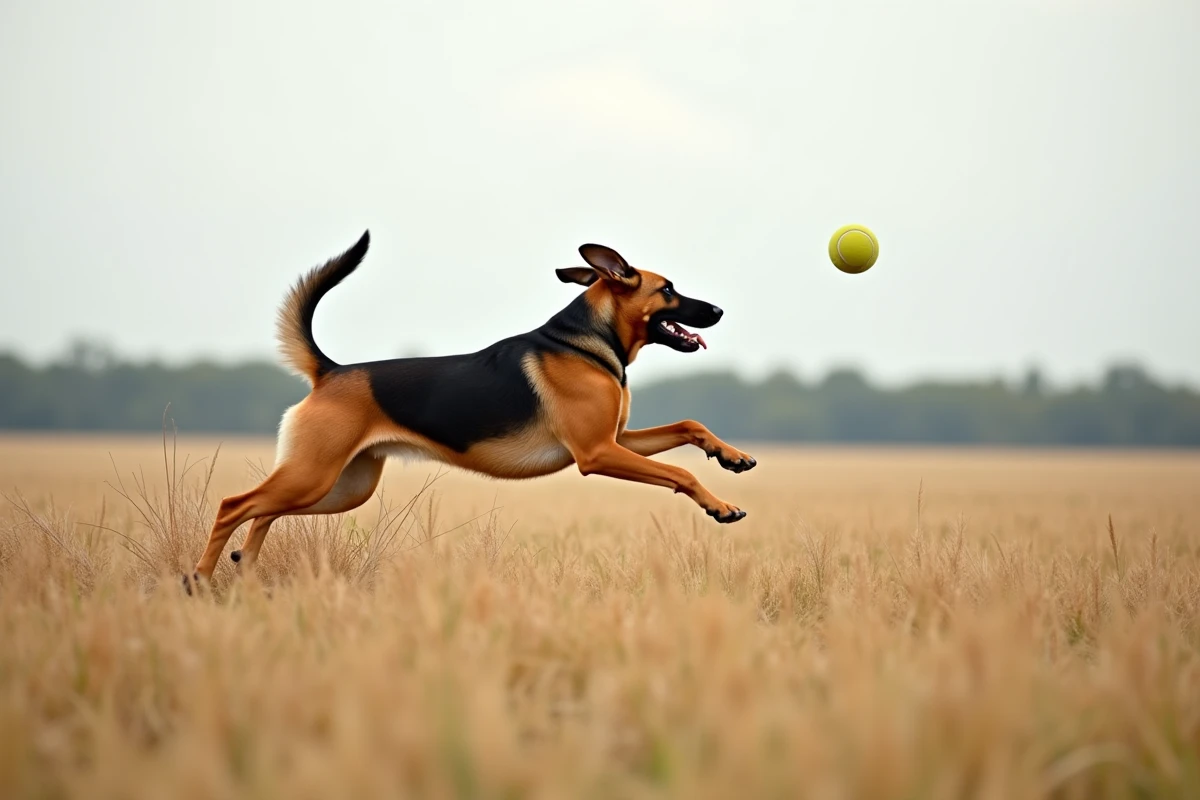 Chien malinois lab en plein saut pour attraper une balle dans un champ rural