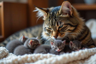 Chat femelle caline avec ses chatons nouveau-nés