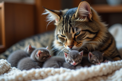 Chat femelle caline avec ses chatons nouveau-nés