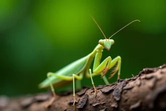 Mante religieuse verte en gros plan sur une branche d'écorce rugueuse, insecte aux détails anatomiques précis dans un jardin naturel