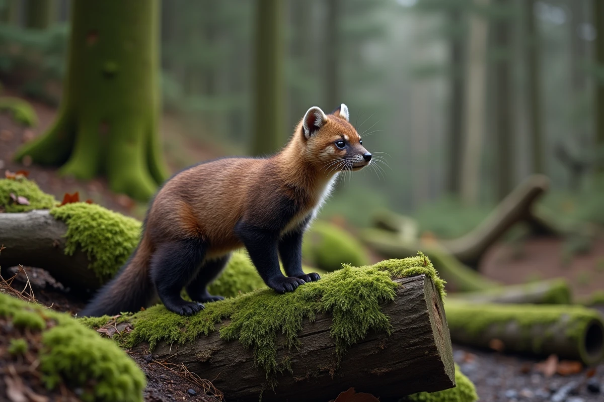 Martre européenne dans la forêt au bord d’un chemin forestier