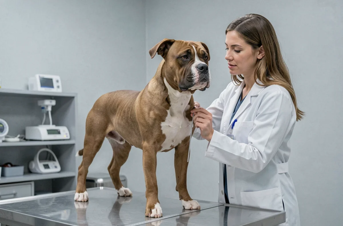 Vétérinaire mesurant la taille au garrot d'un Staffordshire Bull Terrier femelle sur une table d'examen clinique