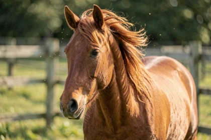 Cheval bai dans un paddock avec des mouches autour des oreilles et des yeux, secouant la tête pour les chasser