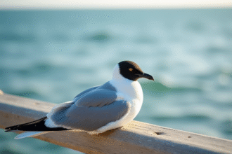 Mouette noire perchée sur un rail en bord de mer