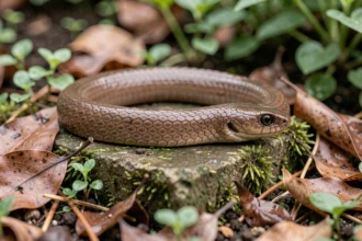 Orvet fragile enroulé sur une pierre moussue dans un jardin, montrant ses écailles lisses et bronzées caractéristiques