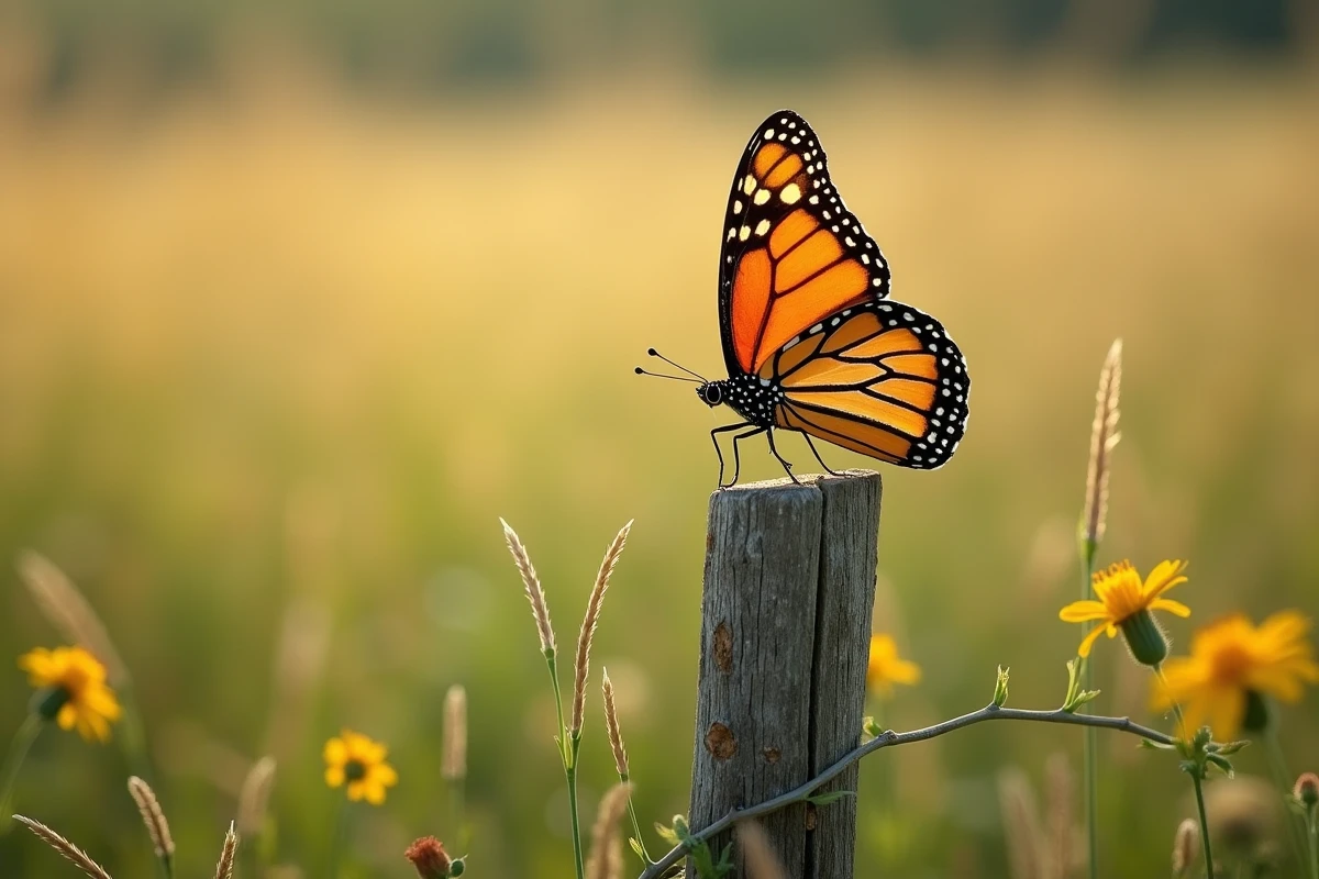 Papillon monarque aux ailes déployées posé sur un piquet en bois, illustrant les mécanismes du vol chez les insectes volants