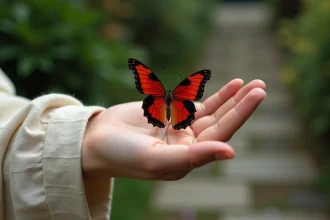 Papillon rouge et noir posé sur une main de femme dans un jardin, symbolisant un signe spirituel répété
