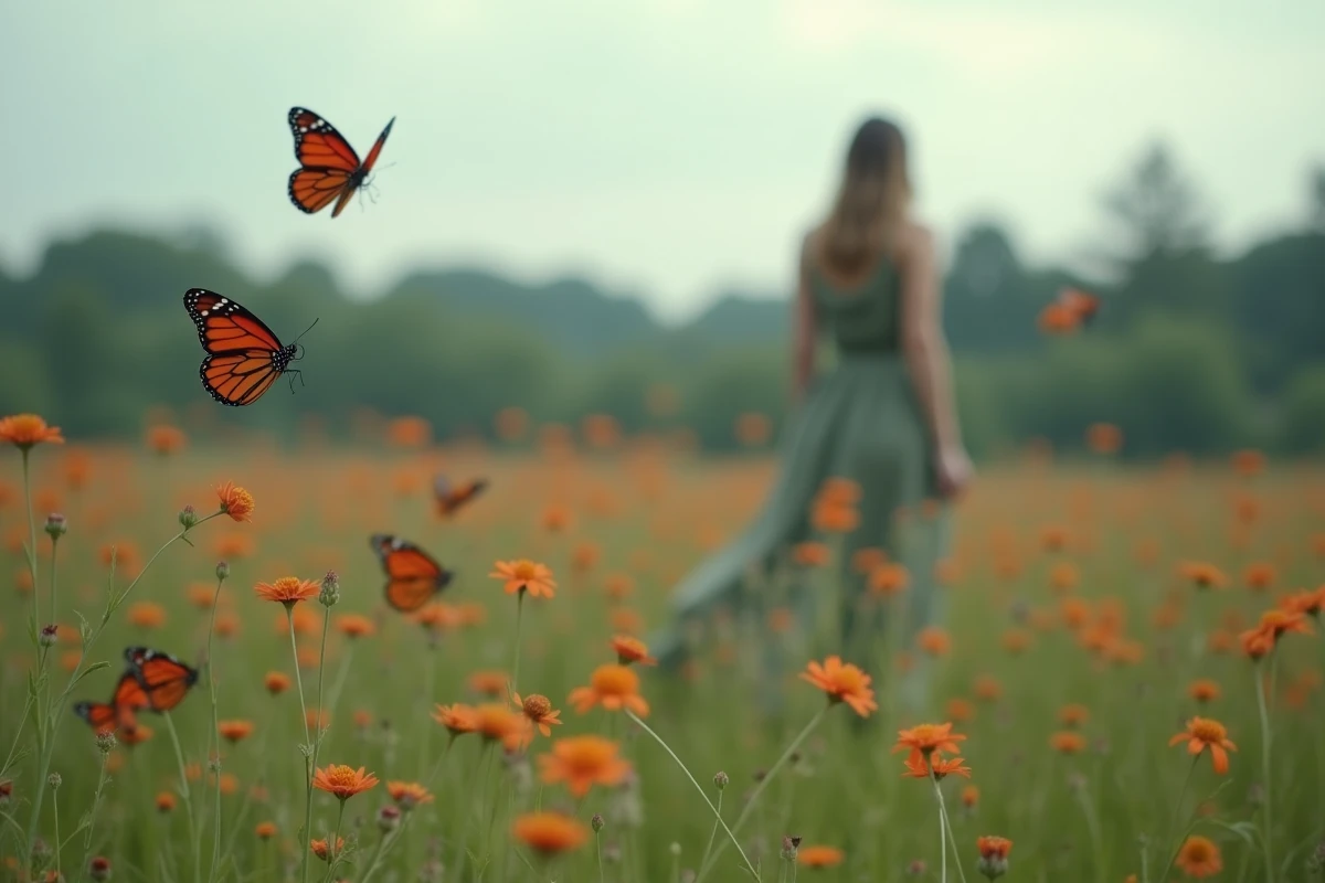 Plusieurs papillons rouges et noirs en vol dans une prairie fleurie, femme observant ce signe spirituel répété