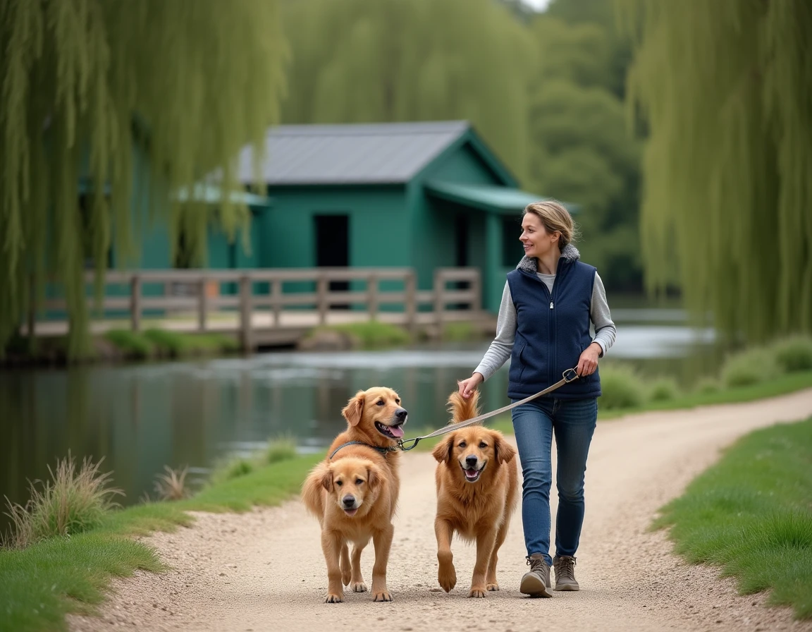 Promeneuse avec deux Golden Retrievers sur un chemin au bord de la rivière à la Pension de la Vallée d'Ondine