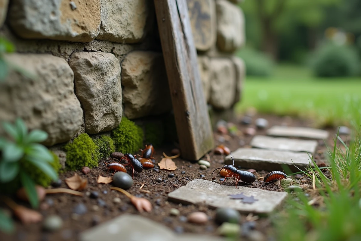 Perce-oreilles près des fondations humides d'une maison de jardin, feuilles mortes et mousse, vue extérieure réaliste