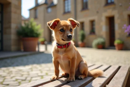 Petit chien de race mixte au pelage caramel assis sur un banc en bois dans un village près de Langon, portant un collier rouge, regard attentif et paisible