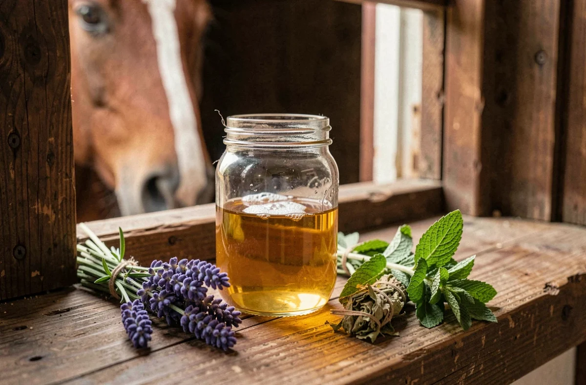 Piège anti-mouches artisanal fait maison avec vinaigre de cidre dans un bocal en verre posé sur un rebord de fenêtre d'écurie avec lavande et menthe fraîche