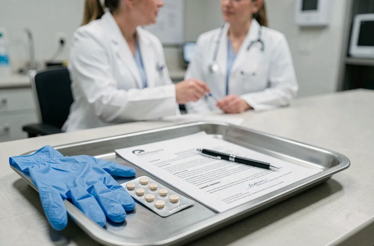 Plateau chirurgical vétérinaire avec comprimés contraceptifs pour chat et formulaire de consentement pour stérilisation féline