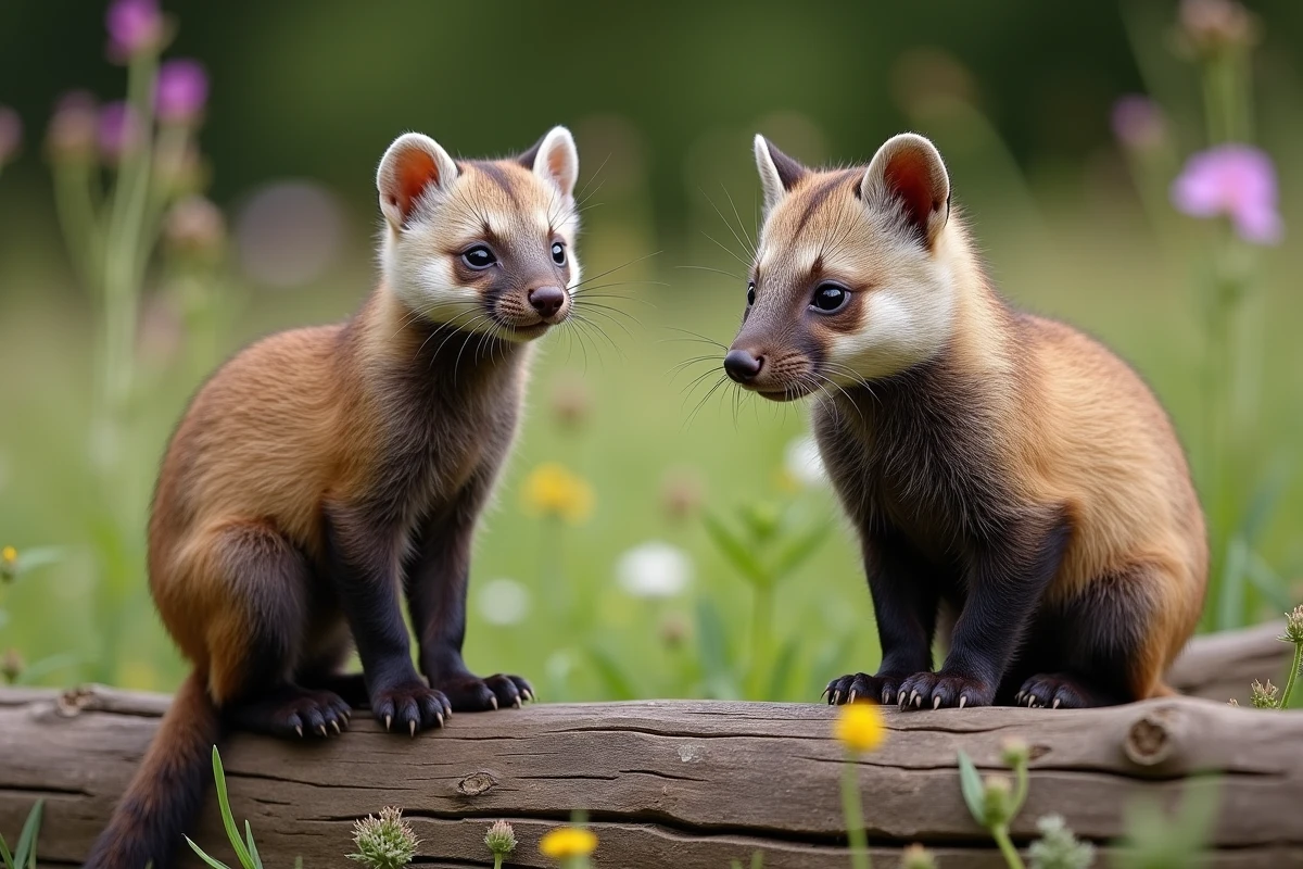 Pichets de putois et grison sur bois dans un pré