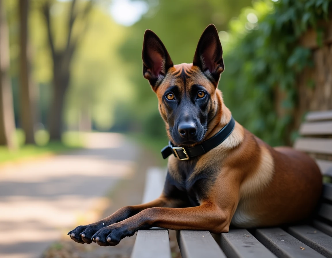 Portrait d'un chien malinois croisé staff au repos dans un parc, regard alerte et expressif