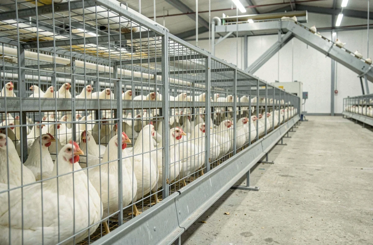 Rangées de poules pondeuses blanches dans un élevage industriel intensif, illustrant les conditions de vie et la durée de vie en production commerciale d'œufs