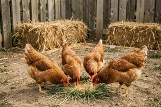 Poules pondeuses en liberté dans un poulailler domestique avec clôture en bois et foin, illustrant la durée de vie naturelle des poules