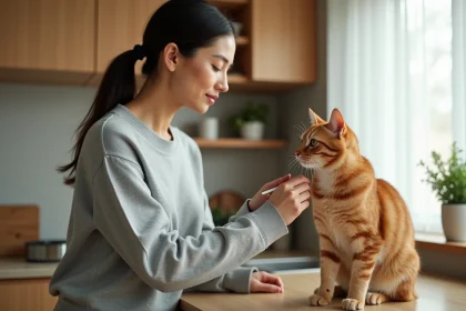 Femme préparant son chat avant de le confier à une association de protection animale en le brossant sur une table en bois