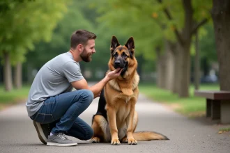Homme tenant doucement le museau d'un berger allemand adulte dans un parc, illustrant la pression de mâchoire du chien