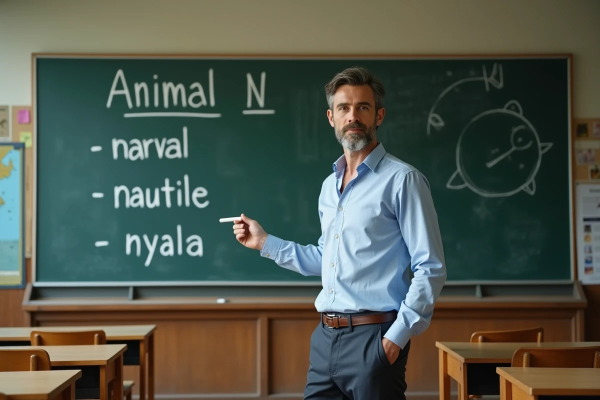 Professeur de biologie devant un tableau noir avec des noms d'animaux en N écrits à la craie, montrant des erreurs fréquentes d'orthographe